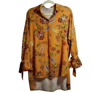 Sateen Life Orange Paisley Print Tie Cuff Button Up High Low Retro Size Small
